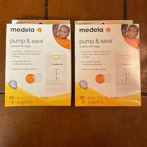Medela pump and save bags with 2 adapters. Never been opened